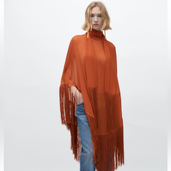 Zara Tops Zara Fringed Gauze Cape Nwt Poshmark